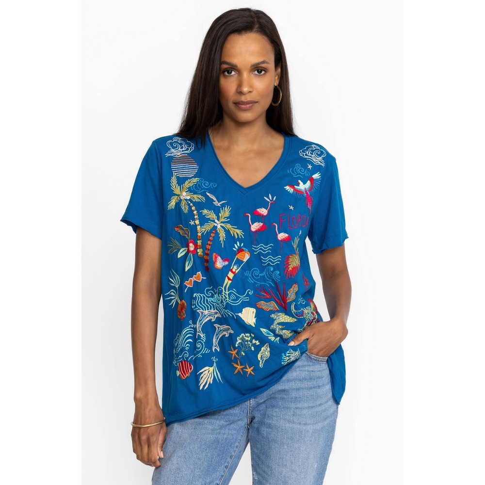 Johnny Was Florida Everyday Tee Blue Embroidered V-Neck Top Medium NWT